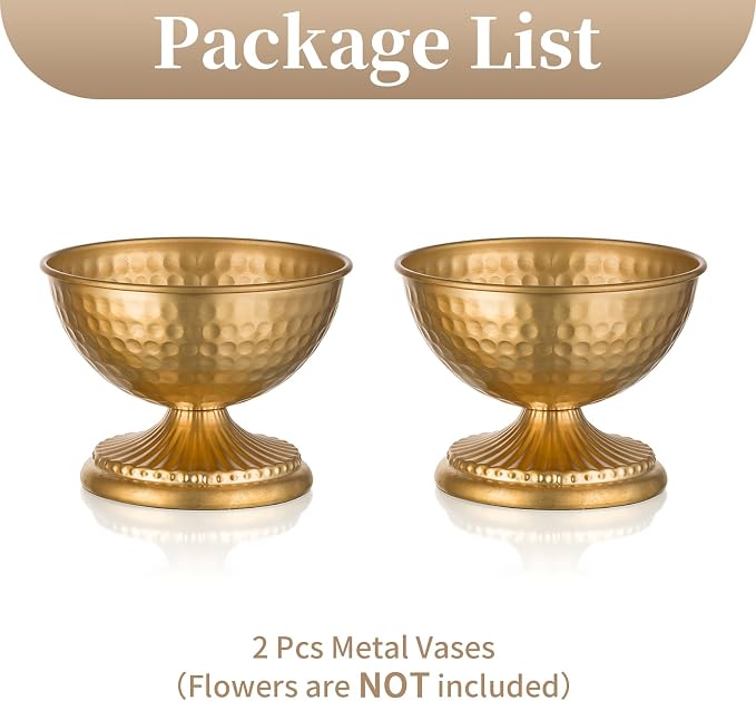 Sziqiqi Gold Urn Vase for Flowers, Wedding Table Compote Vases, 4.3in, 2Pcs | Hammered Vintage Urn Vase, Wedding Table Decoration Centrepieces Set, For Artificial Flowers,Party, Home Decor, Anniversary