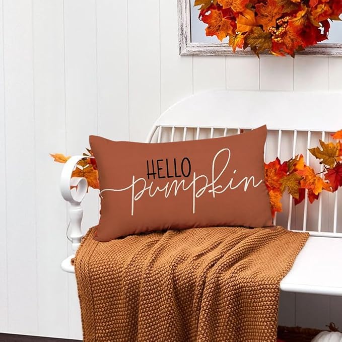 RABUSOFA Fall Pillow Covers 12x20 Inch,Rust Autumn Hello Pumpkin Pillows Decorative Throw Pillows,Lumbar Outdoor Thanksgiving Cushion Cover Farmhosue Fall Decor for Bedroom Couch Sofa