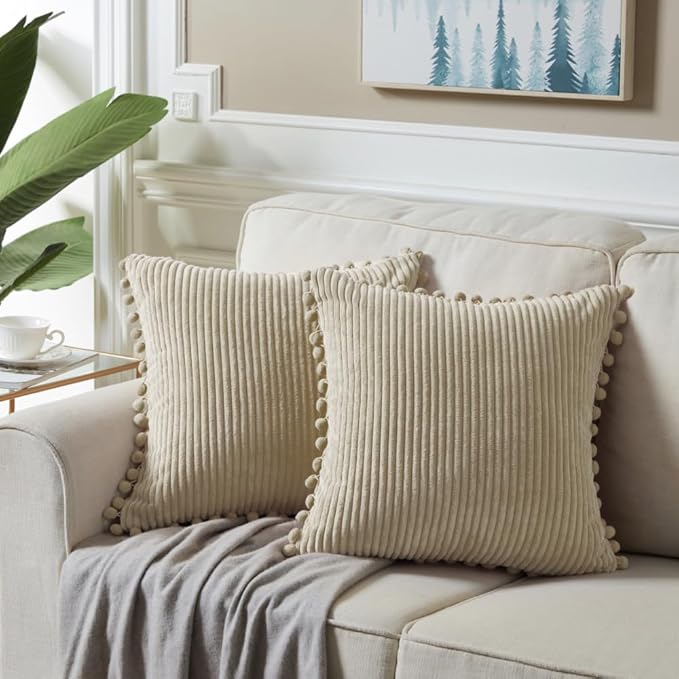 Fancy Homi Pack of 2 Tan 20x20 Inch Decorative Throw Pillow Covers with Pom-poms, Soft Corduroy Solid Square Cushion Cases Set for Living Room Couch Sofa Bedroom Car (20x20 Inch/50x50 cm, Khaki)