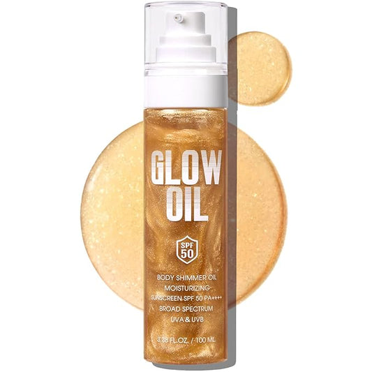 Body Glow Oil, Broad Spectrum SPF 50, Glitter Shimmer Sunscreen Body Oil Lotion with Sequin Mica, Lightweight Non-Sticky Moisturizer with Coconut, Skin Illuminator Glowing Results (01# Golden Amber)
