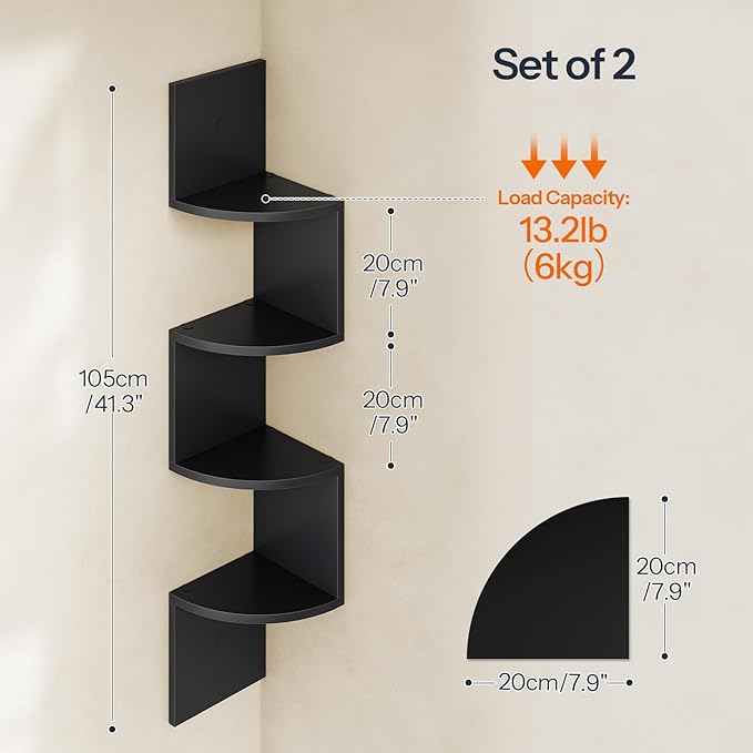 HOOBRO Corner Shelf Wall-Mounted, Set of 2 Floating Corner Shelves for Wall, 4-Tier Corner Bookshelves for Living Room, Bedroom, Bathroom, Home Office, Black BK25BJP201