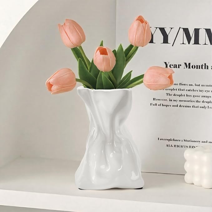 7.6 Inch Thick Crinkled Paper Bag Vase White Ceramic Vase for Home Decor, Unique Glossy Flower Vases for Dining Table, Shelves, Entryway, Living Room, Boho Decorative Vases for Flowers, Gift