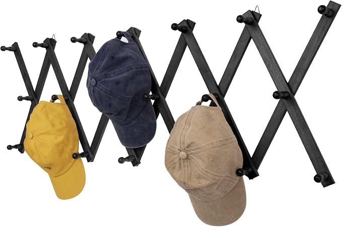 SCUNDA Wall Rack with 20 Hooks, Wooden Wall Expandable Coat Rack for Coat, Hats, Baseball Caps, Coffee Mug, Jewelry(Black)