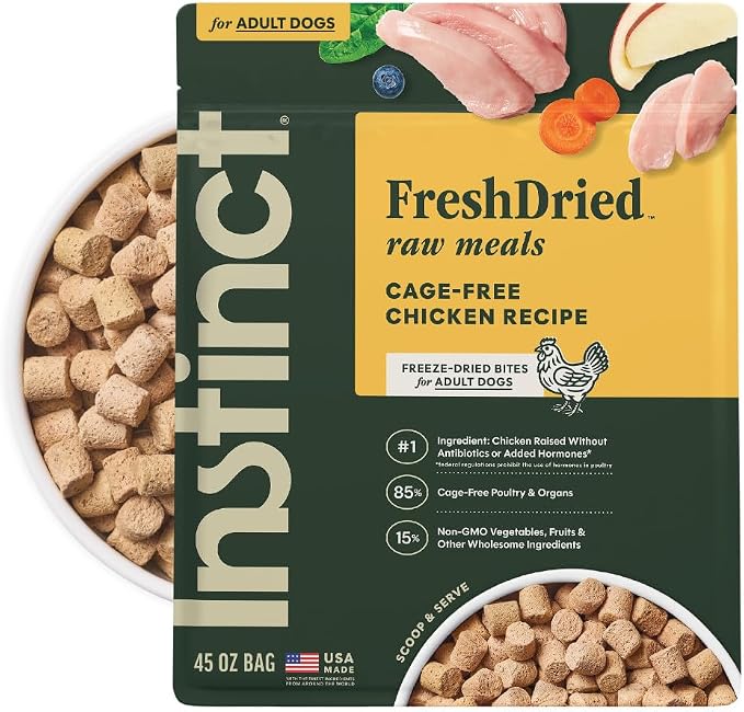 Instinct Freeze Dried Meals, Natural Dog Food, Cage-Free Chicken, 45 oz Bag | FreshDried raw, 85% meat & organs, 15% non-GMO vegetables, fruits & other wholesome ingredients, supports overall vitality