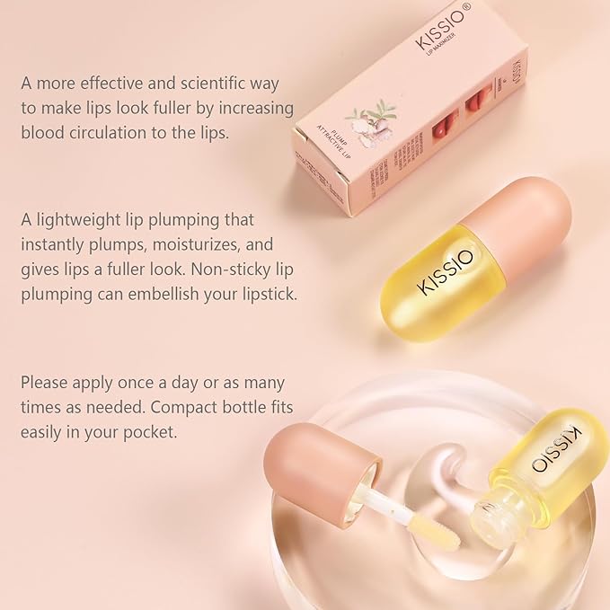 KISSIO Lip Plumper,Natural Lip Plumper for Day Use,Plumping Gloss Make Lips Fuller and Moisturizing 5.5ml,Lips Mask,Hydrating & Reduce Fine Lines,Beautiful Fuller