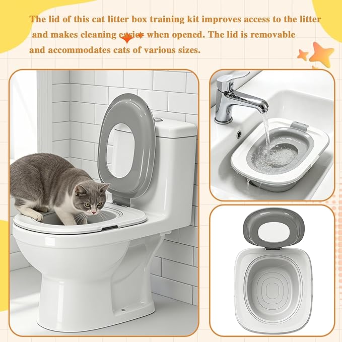 Cat Toilet Trainer Kit with Litter Scoop,5 Movable Parts | Grey detachable lid for all feline sizes,step-by-step guidance,squatting pan compatible,Fits Most Toilets