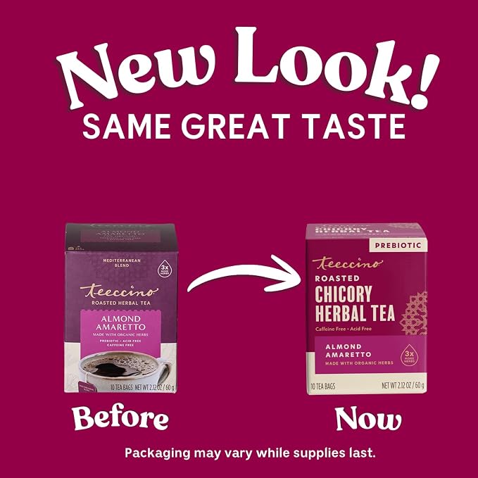 Teeccino Herbal Tea - Almond Amaretto - Rich & Roasted Herbal Tea That's Caffeine Free & Prebiotic for Natural Energy, 10 Tea Bags
