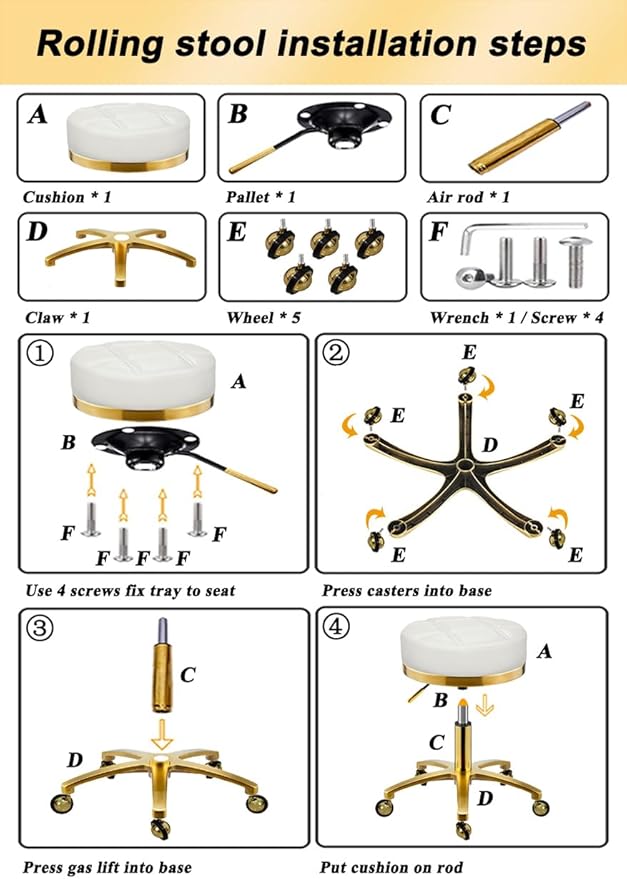 Gold Rolling Vanity Stool with Wheels, Salon Spa Tattoo Massage Pedicure Chair, PU Leather Roller Chair, 43-55cm Height Adjustable Office Work Swivel Stool (White, Without Back)
