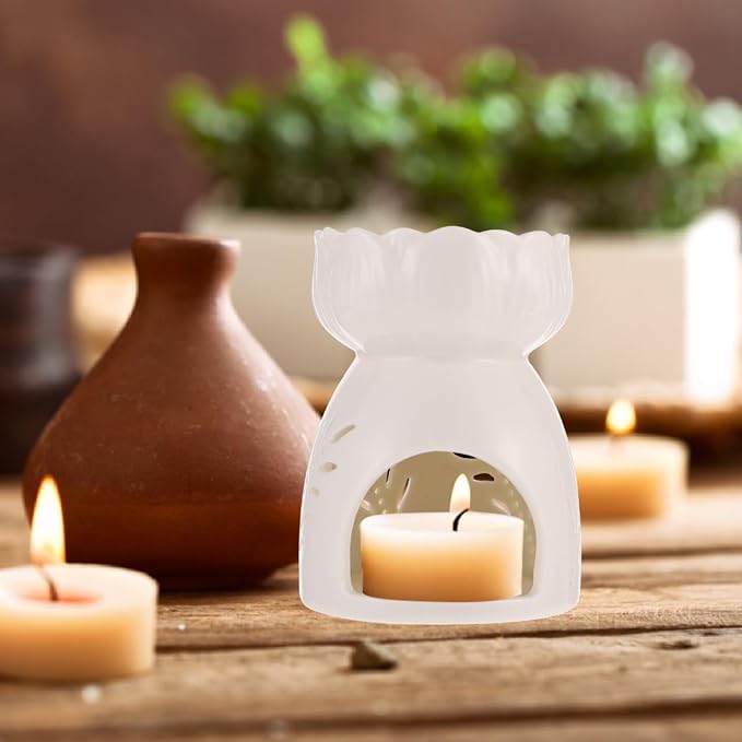 Ceramic Essential Oil Burner with Hollow-Out Design Tealight Candle Holder Aromatherapy Diffuser for Home Office Relaxation 4.13X3.14X3.14 Inch