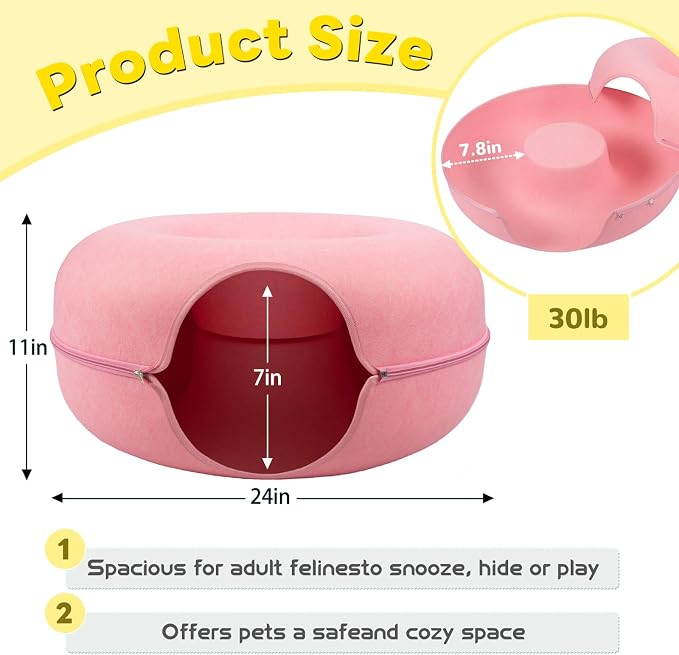 Cat Caves for Indoor Cats, Large Cat Tunnel for Multiple & Large Cats, Scratch Detachable Cave Bed, Kitten Donut Kitty Hideaway Up to 45 Lbs (Pink, Large, 2 Pack)