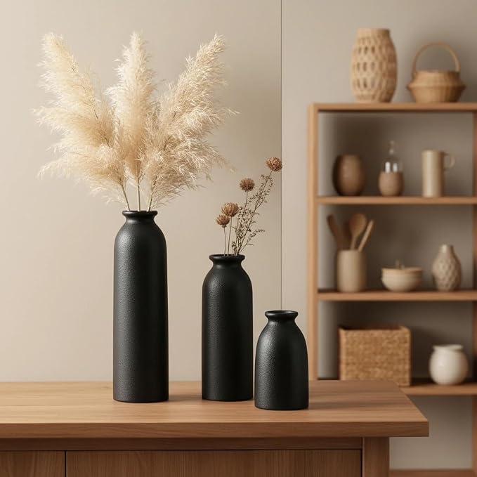 CEMABT Black Ceramic vase Set-3 Flower vases for Decor,Modern Boho Farmhouse Home Decor,Decorative vase for Pampas Grass&Dried Flowers,idea Shelf,Table,Bookshelf