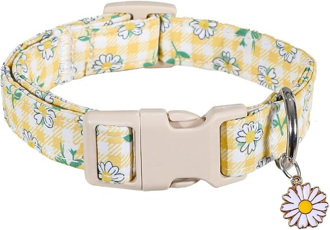 Cute Dog Collar, Yellow Plaid Dog Collar with White Floral Pattern, Spring Summer Design Floral Collar for Girls Boys Small Dogs