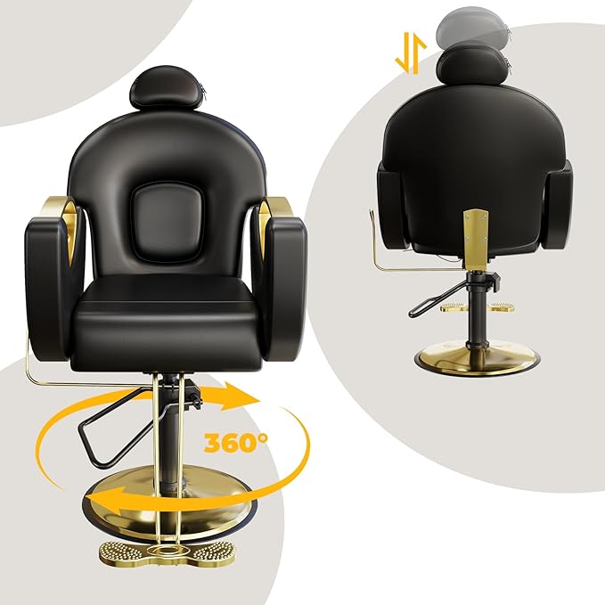 Barber Salon Chair, Reclining Salon Chair with Heavy Duty Hydraulic Pump, 360° Swivel and Height Adjustable, 330 LBS Capacity Spa Beauty Equipment Hairdresser Armchair for Barbershop- Black & Gold