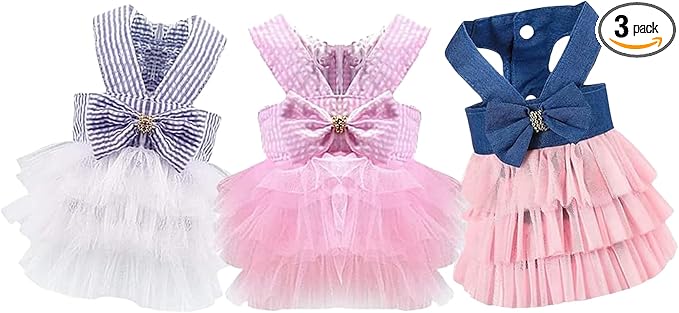 Dog Dresses, Fashion Pet Dog Clothes, Striped Mesh Puppy Dogs Princess Dresses (Pink/Blue/Denim(3pack), Small)