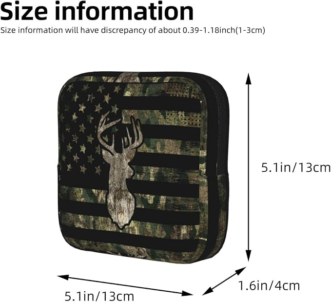 Military Camo Camouflage American Flag Hunting Deer Tactical Period Bag For Women,Portable Sanitary Napkin Period Pad Pouch For Purse, Small Make Up Bags