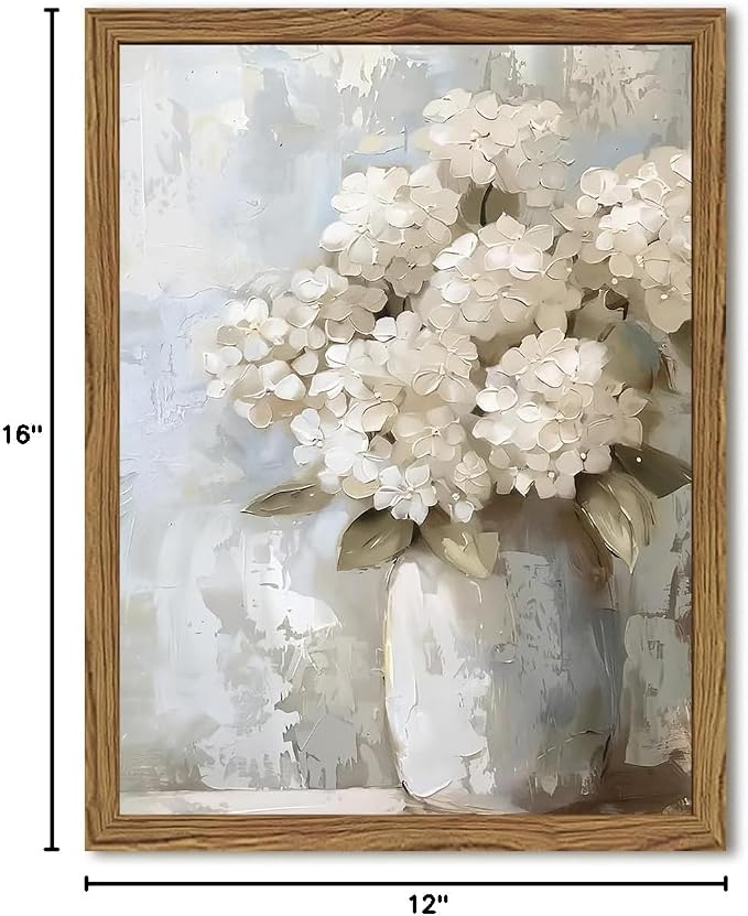 Framed Vintage Canvas Wall Art, White Hydrangea Floral Wall Decor Paintings, Flower Pictures Prints Aesthetic Home Decor for Living Room Bedroom Bathroom Office 12x16 inch