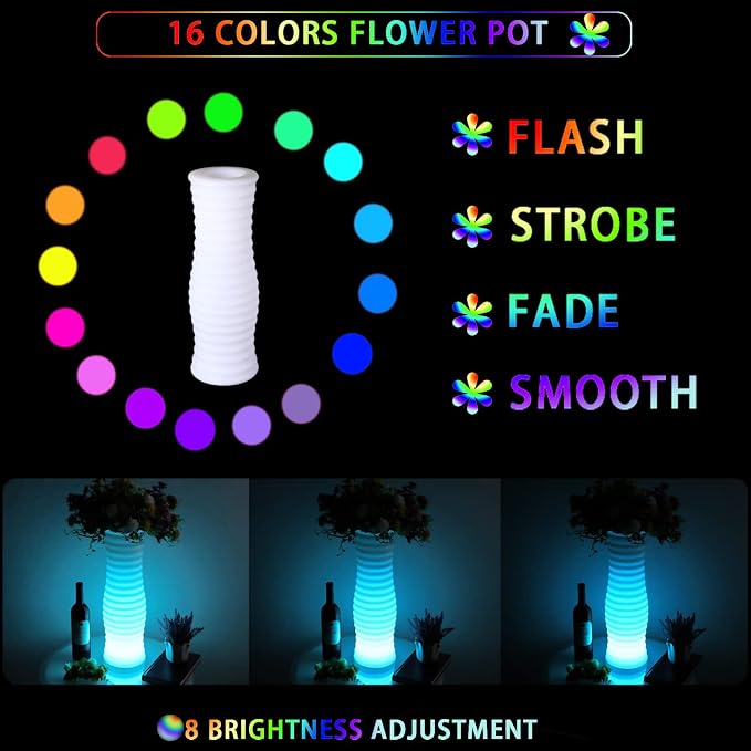 Rechargeable LED Vase Night Light with Remote & 16 Colors ﻿ | 20-in Dimmable LED Mood Lighted Vase for Living, IP65 Waterproof & Sturdy Flower Pot Floor Lamp for Yard Wedding Party Decor