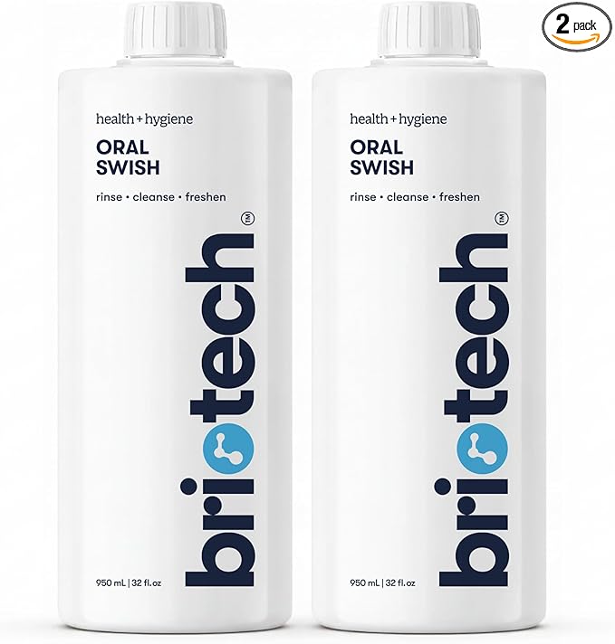 BRIOTECH Oral Swish, Hypochlorous Acid Mouthwash Rinse, Gentle Oral Care Hygiene, Fight Bad Breath, Support Against Plaque, Gum Irritation & Tender Gums, Alcohol & Fluoride Free, 32 fl oz (2 Pack)