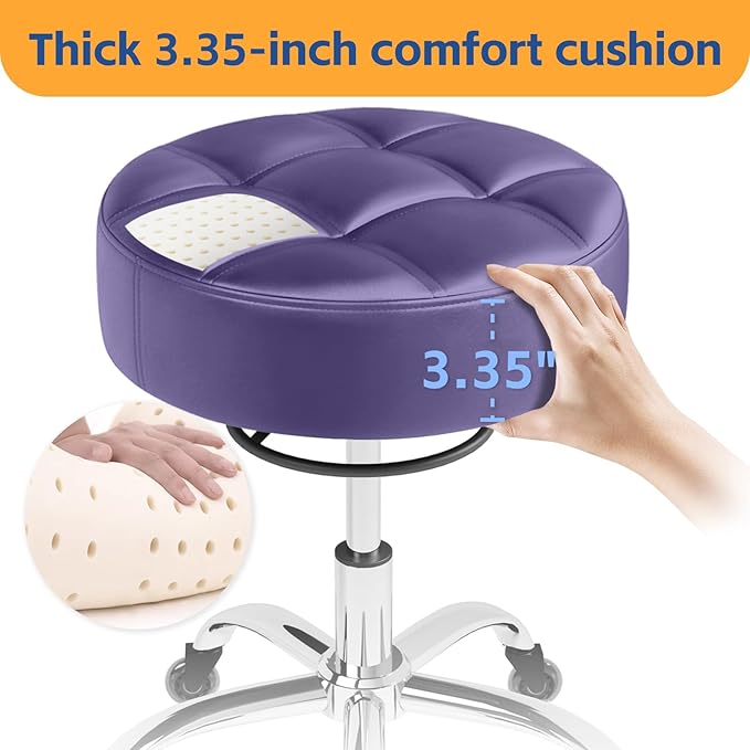 YEEZEE Heavy Duty 400lb Rolling Stool: Super Soft Leather Seat Cushion, 360 Swivel, Height Adjustable, No Squeak, No Tip Over, Salon & Spa Stool, Purple