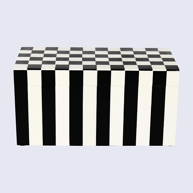 Handicrafts Home Large Decorative Storage Box with Lid, Black and White Keepsake Storage Box, Decorative Jewelry & Memory Box for Coffee Table, Shelf & Bedroom Decor, Puzzle Check - 10 x 5 x 5 Inch