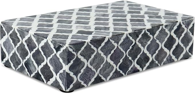 Handicrafts Home Decorative Storage Box with Lid, Moroccan Remote Control Holder Box, Wide Coffee Table Storage Organizer, Bone Inlay Resin Wooden Living Room Storage Box, Gray, 10 x 6 x 2.5