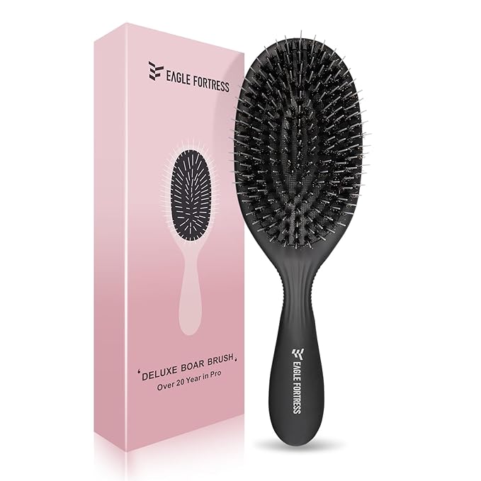 Eagle Fortress Boar Bristle Hair Brush for Women, Detangler Brush for Wet, Dry & Damaged Hair with Long Pins for Thick & Long Hair - Black
