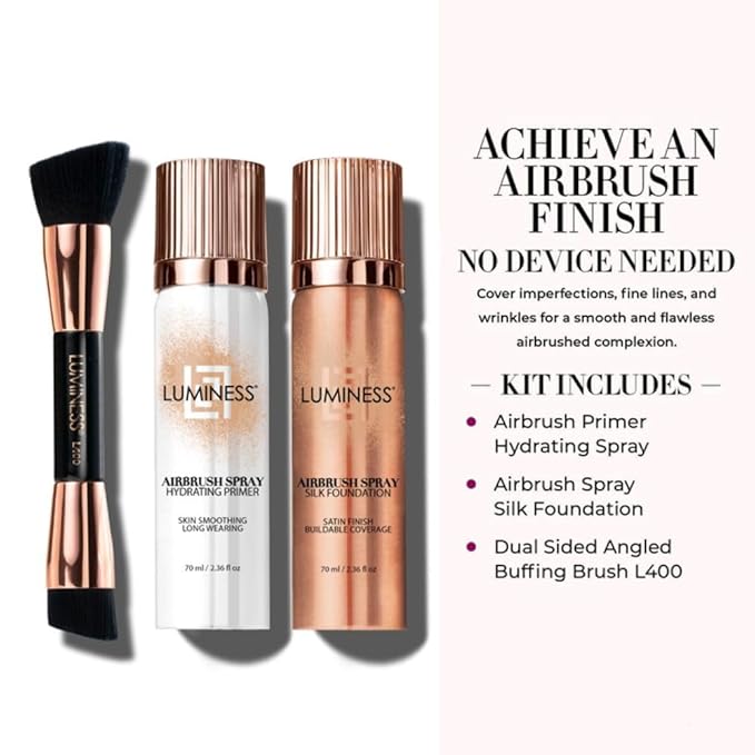LUMINESS Complete Makeup Kit - Includes Face Palette, Airbrush Foundation, Primer and Brush - Silky, Long-Wearing, Easy to Blend, Perfect Makeup for Older Women, 4-PC Make Up Set (06 - Light Warm)