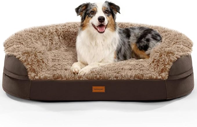 iweepet Fluffy Orthopedic Dog Beds for Large & Extra Large Dogs, 41" Calming Dog Sofa Bed with Supportive 28D Egg-Crate Foam, Removable Washable Cover, Waterproof Lining, for Puppy,Senior,Sick