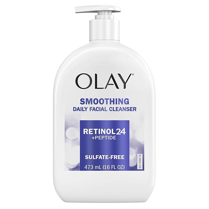 Olay Face Wash, Daily Facial Cleanser with Retinol, Peptides & Glycerin - Smoothing, Noursihes Skin Surface, Hydrates while Cleansing - Sulfate-Free, Paraben-Free, 16 Oz, (Pack of 2)