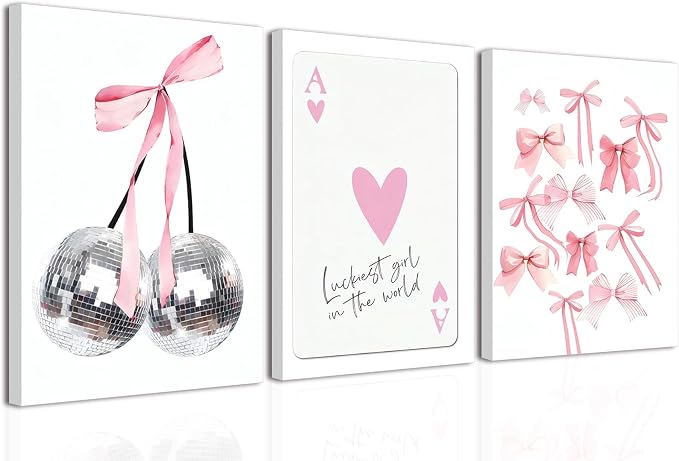 Trendy Pink Bows Wall Art Set of 3 Preppy Coquette Wall Decor Trendy Disco Ball Canvas Posters Prints Girly Aesthetic for College Apartment Bedroom Decoration Framed 16x24 In