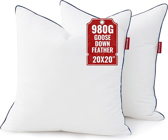 Down Pillow Inserts 20x20, Set of 2, 100% Goose Down Feather Throw Pillows Inserts, Triple-Layer Downproof, Decorative Pillow Insert with Soft Cotton Cover for Couch Sofa Bed Living Room