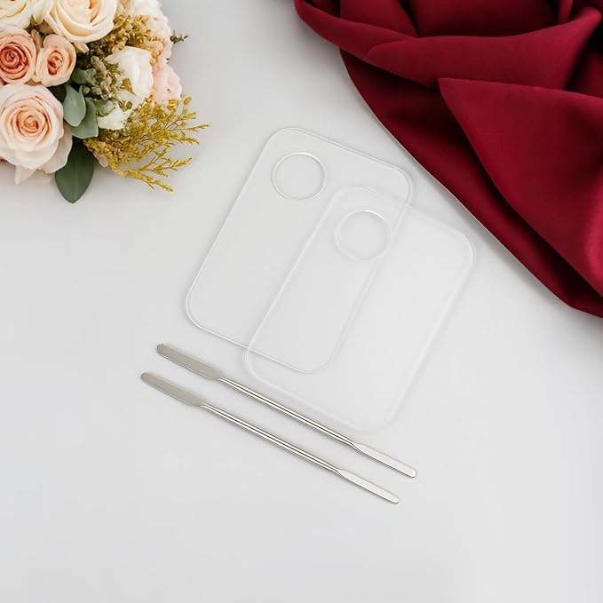 2PCS Acrylic Makeup Mixing Palette with 2PCS Spatula Set – Transparent Cosmetic Tray for Foundation, Eyeshadow, Lipstick & Nail Art, Durable & Portable Design