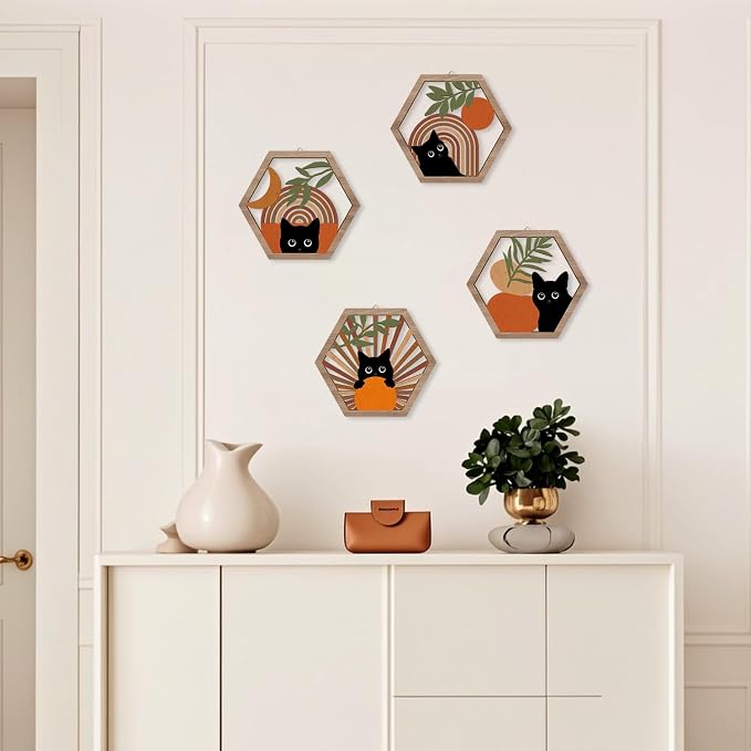 Boho Black Cat Wall Decor, Farmhouse Geometric Hanging Wooden Wall Art, 4 Pieces 11''x9.8'' Mid Century Bohemian Abstract Moon and Sun Wood Sign for Nursery Bedroom Decoration, Lovely Cat Gifts