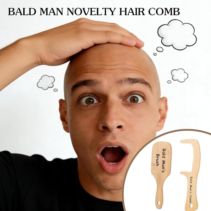 BlueForest Era 2 PCS Bald Mans Comb, Funny Gag Gift No Teeth Head Brush and Comb Set for Bald Men, Wooden Hairless Combing Boss Day Father's Day Over The Hill Party Prank Novelty Gift for Men