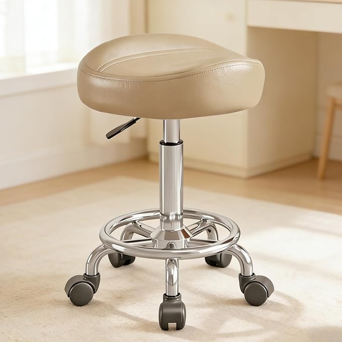 Saddle Stool, Adjustable Height Ergonomic Swivel Chair with Wheels, PU Leather Saddle Seat with Ring Pedal for Salon, Massage, Clinic, Lab, and Office