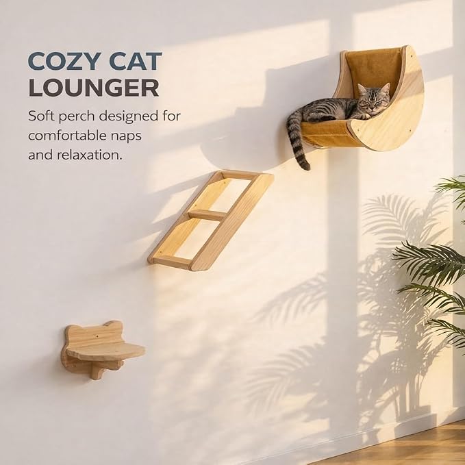 Cat Wall Shelves Set,Solid Wood Moon Bed,Perch & Stair for Climb and Rest | 3-in-1 Wall-Mounted Cat Furniture;16-Inch Stud Wall;Hold Up to 40 lb;Wall & Corner Setup;Vertical Territory & Active Exercise
