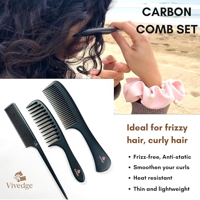 VIVEDGE| Curly Hair Carbon Comb Set | Carbon Fiber Detangler Wide Tooth Parting Combs anti static frizz-free with Premium Acccessories for Styling | Gift for loved ones (Black-Pink)