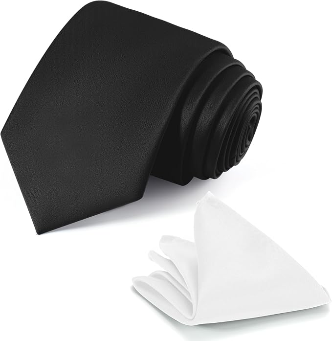 Black Tie Set in Gift Box Mens Solid Color 3.15" (8CM) Black Necktie and Pocket Square Set