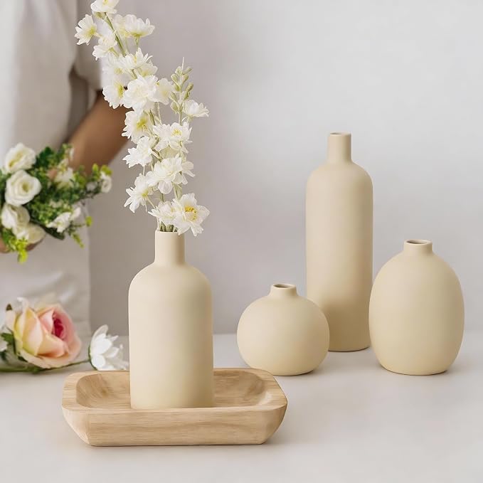 Beige Ceramic Vase Set of 4, Modern Neutral Colors Home Decor, Rustic Farmhouse Decorative Flowers Vases for Bouquet, Pampas | Table Mantel Centerpiece Bookshelf Living Room Bedroom (Beige)