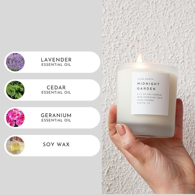 Slow North Midnight Garden Candle - Essential Oils and Pure Soy Wax Candle in a Reusable Frosted Glass Jar - A Unique Scented Candle Hand-Poured in the USA (8 oz)