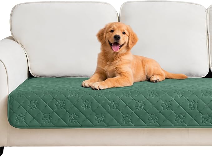 PAWFINITY Waterproof Couch Covers for Dogs, Pet Blanket for Sofa Washable | Paw Print Quilted, Hair Resistant, Anti Cat Scratch, Pee Proof Furniture Protector for 3 Seat Sofa and Bed, 30x80 Inch, Green