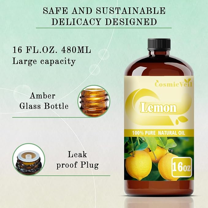 Lemon Essential Oil Lemon Oil for Aroma Diffuser,Humidifier,Home Fragrance,Cleaning,Body Care,Massage,Yoga,DIY Candle,DIY Soap CosmicVeil（Lemon，16 Fl Oz (Pack of 1)）