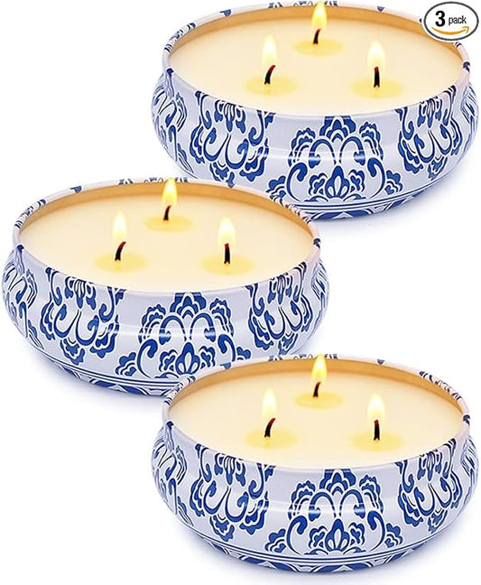 Citronella Candles Outdoor, Large 3-Wick 13.5oz Soy Wax Candle in Blue and White Container for Summer Patio Porch, 3 Packs