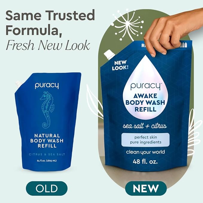 Puracy Body Wash Refill, Natural Body Wash, 98.6% Pure Plant Ingredients, Moisturizing Shower Gel for Women Men Kids, Body Soap for Dry Sensitive Skin Gently Scented with Citrus & Sea Salt, 48 Oz