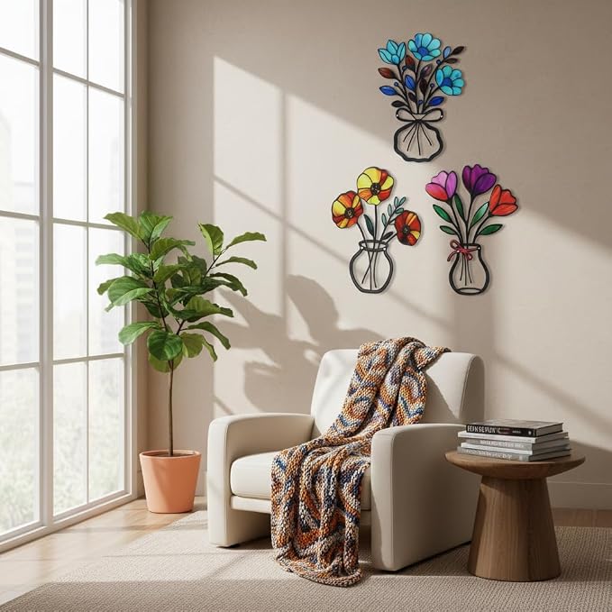VEWOSTAR 3 Pcs Metal Flowers Wall Decor,Outdoor Fence Wall Art Decor | 3D Colorful Outdoor Wall Art Patio Fence Decor for Garden Living Room Balcony