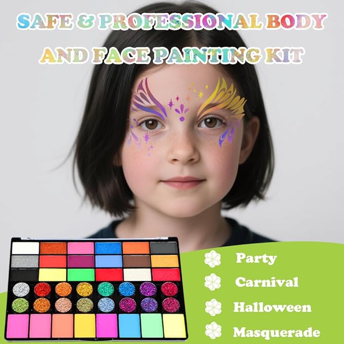 Face Painting Kit for Kids, 42 Colors Water Based Face Paint, 16 Crayons, 8 Reusable Stencils and 32 Sticky Stencils, 10 Brushes, 2 Gem Sheets, Professional Face Painting Kit for Parties Halloween