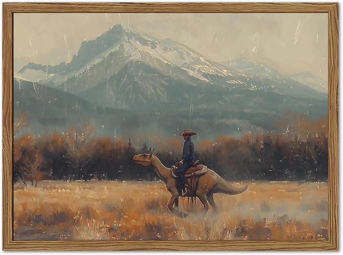 Vintage Dinosaur Cowboy Wall Art, Funny Western Jurassic Wall Decor Painting Spooky Cowboy Riding Dinosaur Poster Canvas Prints for Bedroom Farmhouse Living Room 12x16 inch Wood Framed