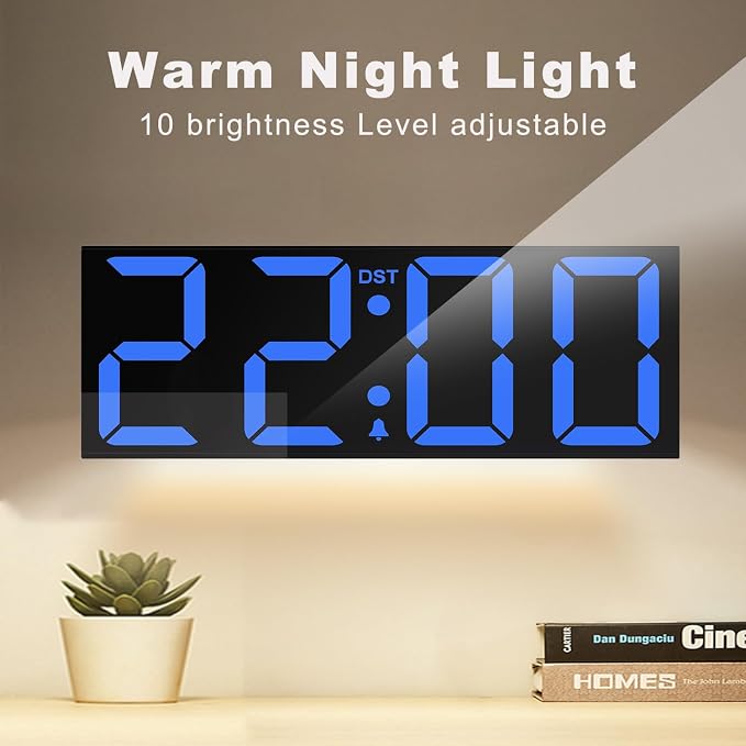 JALL 22" Large Digital Wall Clock, Big LED Number Dispaly, DST, Night Light for Classroom, Living Room, Bedroom, Mounted, Birthday Xmas Gift for Senior, Mem Womem Mom Dad, Blue