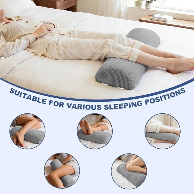 Half Moon Bolster Pillow with Straps, Knee Pillow for Back Sleeping, Under Knee Pillow for Sleeping, Relieves Pain in Legs and Knees, Machine Washable Cover, 24" X 10" X 4", Light Gray