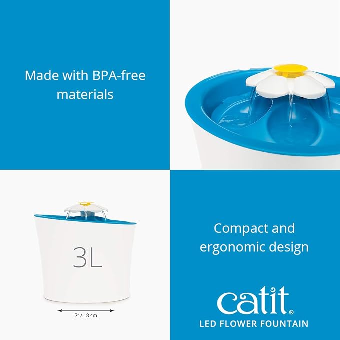 Catit LED Flower Fountain with Triple Action Filter, Cat Drinking Water Fountain, Blue, 3 L, 9.0 x 8.3 x 7.7 Inches(Pack of 6)